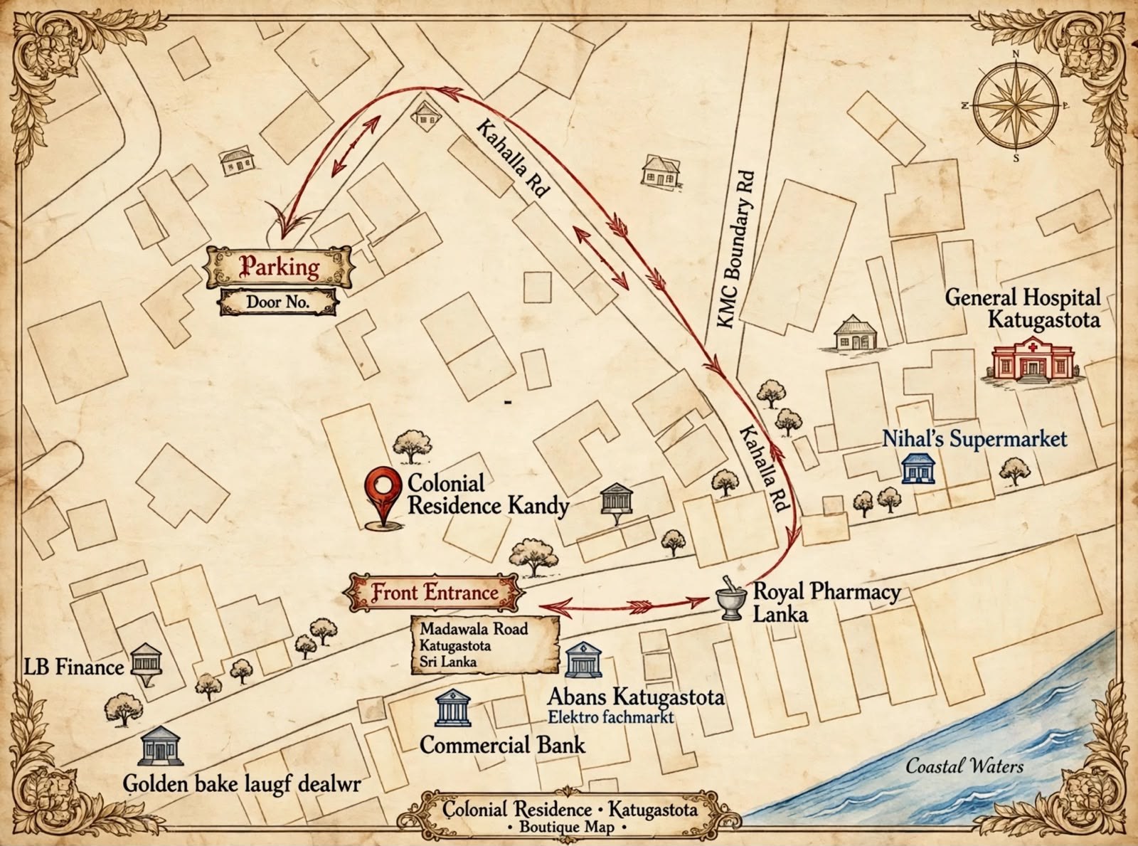 Direction map to Colonial Residence Kandy showing the parking and front entrance on Madawala Road, Katugastota